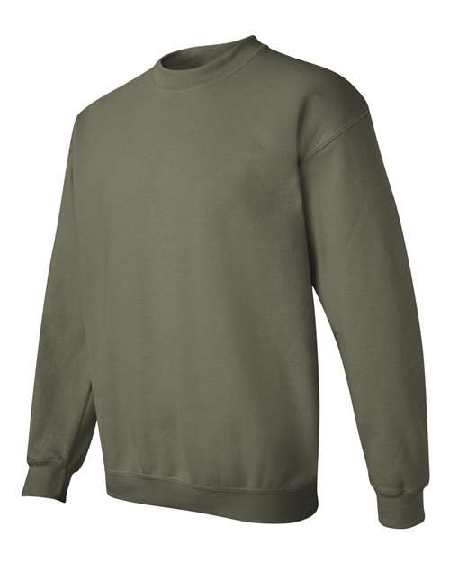Gildan 18000 Heavy Blend crewneck sweatshirt in Military Green, angled front view.