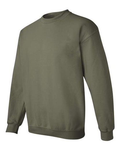 Gildan 18000 Heavy Blend crewneck sweatshirt in Military Green, angled front view.