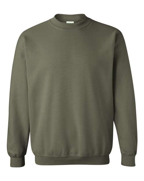 Gildan 18000 Heavy Blend crewneck sweatshirt in Military Green, front view showing the crew neckline, long sleeves and ribbed hem.