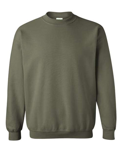 Gildan 18000 Heavy Blend crewneck sweatshirt in Military Green, front view showing the crew neckline, long sleeves and ribbed hem.