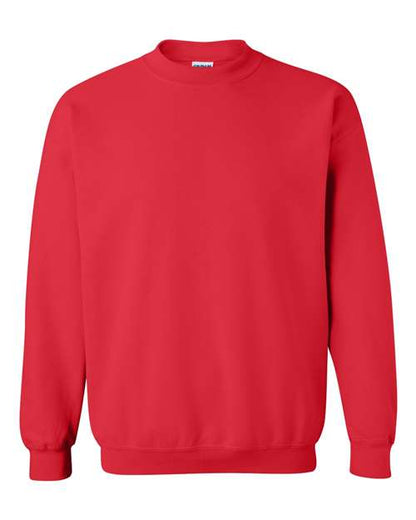 Gildan 18000 Heavy Blend crewneck sweatshirt in Red, front view showing the crew neckline, long sleeves and ribbed hem.