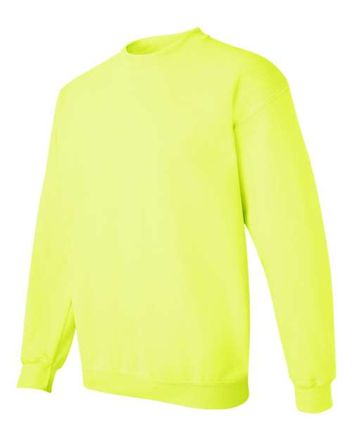 Gildan 18000 Heavy Blend crewneck sweatshirt in Safety Green, angled front view.