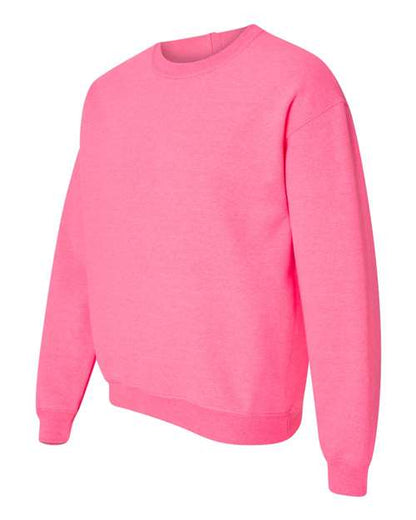Gildan 18000 Heavy Blend crewneck sweatshirt in Safety Pink, angled front view.