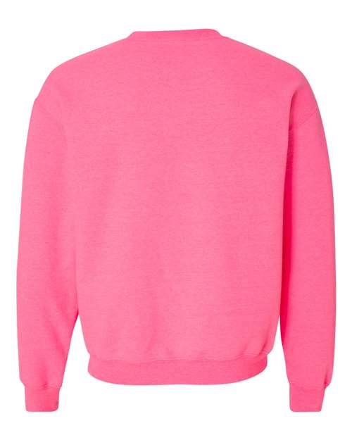 Gildan 18000 Heavy Blend crewneck sweatshirt in Safety Pink, back view.