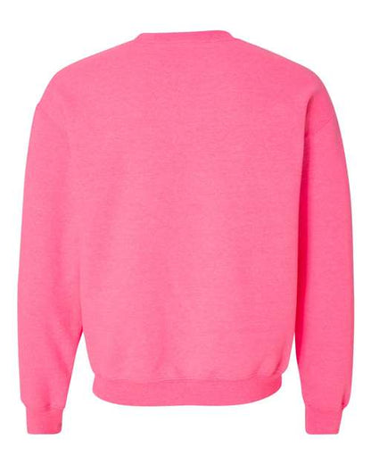 Gildan 18000 Heavy Blend crewneck sweatshirt in Safety Pink, back view.