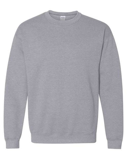 Gildan 18000 Heavy Blend crewneck sweatshirt in Sport Grey, front view showing the crew neckline, long sleeves and ribbed hem.