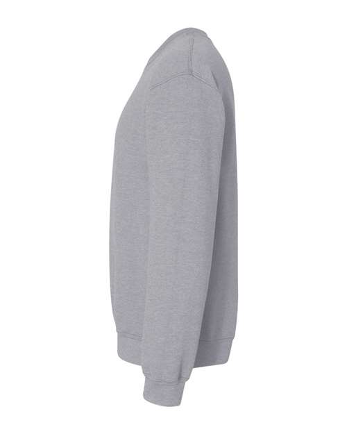 Gildan 18000 Heavy Blend crewneck sweatshirt in Sport Grey, side view showing the long sleeve and ribbed hem.