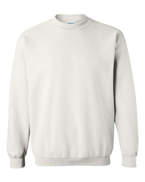Gildan 18000 Heavy Blend crewneck sweatshirt in White, front view showing the crew neckline, long sleeves and ribbed hem.