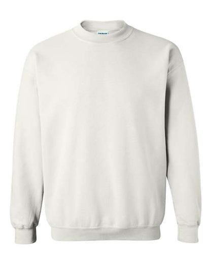 Gildan 18000 Heavy Blend crewneck sweatshirt in White, front view showing the crew neckline, long sleeves and ribbed hem.