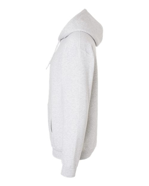 Gildan 18500 Heavy Blend pullover hoodie in Ash, angled side view.