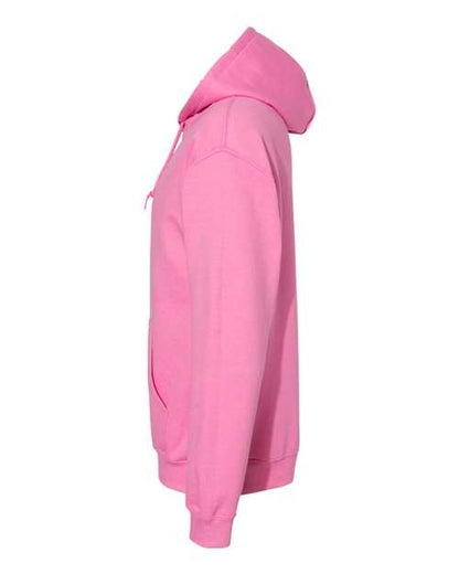 Gildan 18500 Heavy Blend pullover hoodie in Azalea, angled side view.