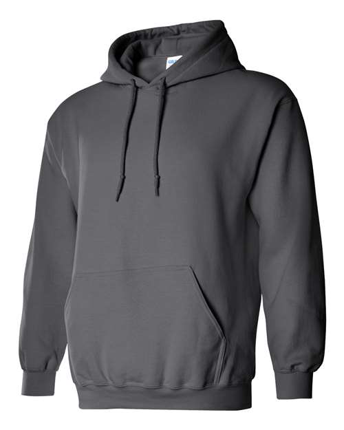 Gildan 18500 Heavy Blend pullover hoodie in Charcoal, angled front view.