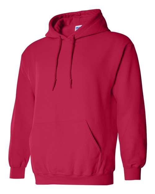 Gildan 18500 Heavy Blend pullover hoodie in Cherry Red, angled front view.