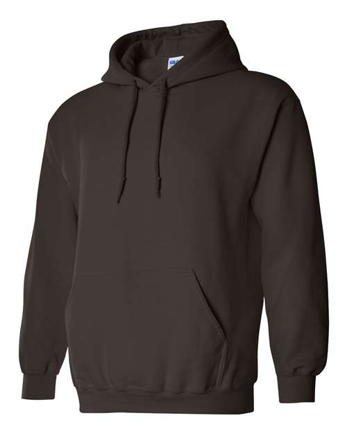 Gildan 18500 Heavy Blend pullover hoodie in Dark Chocolate, angled front view.
