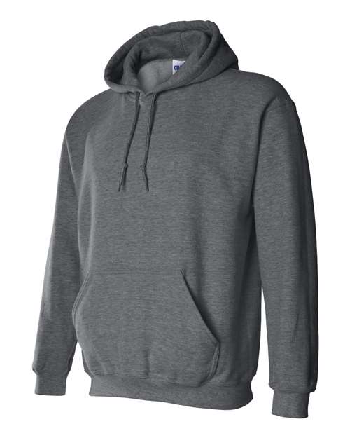 Gildan 18500 Heavy Blend pullover hoodie in Dark Heather, angled front view.