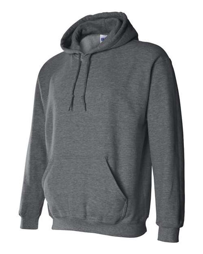 Gildan 18500 Heavy Blend pullover hoodie in Dark Heather, angled front view.