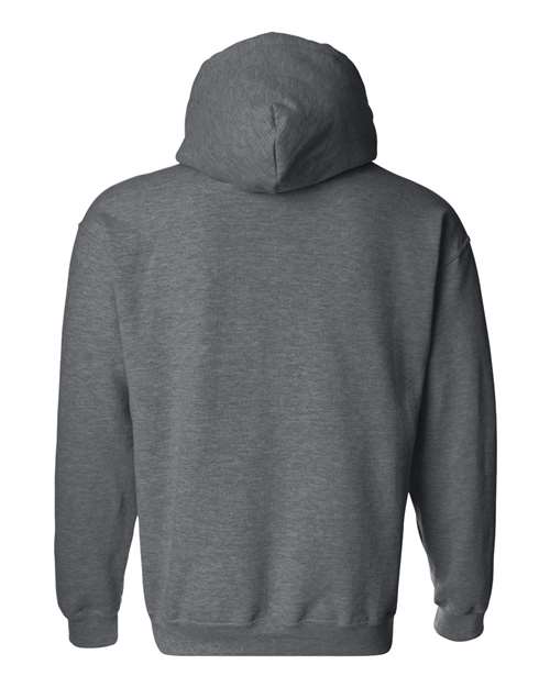Gildan 18500 Heavy Blend pullover hoodie in Dark Heather, back view.