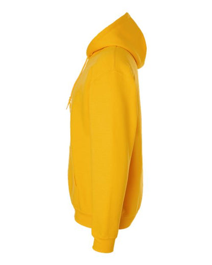 Gildan 18500 Heavy Blend pullover hoodie in Gold, angled side view.
