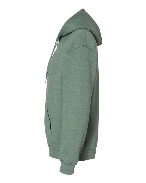 Gildan 18500 Heavy Blend pullover hoodie in Heather Dark Green, angled side view.