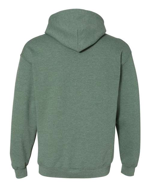 Gildan 18500 Heavy Blend pullover hoodie in Heather Dark Green, back view.