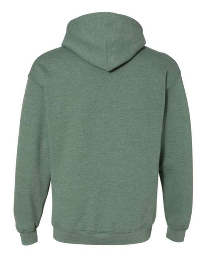 Gildan 18500 Heavy Blend pullover hoodie in Heather Dark Green, back view.