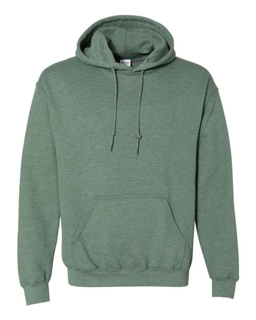 Gildan 18500 Heavy Blend pullover hoodie in Heather Dark Green, front view.