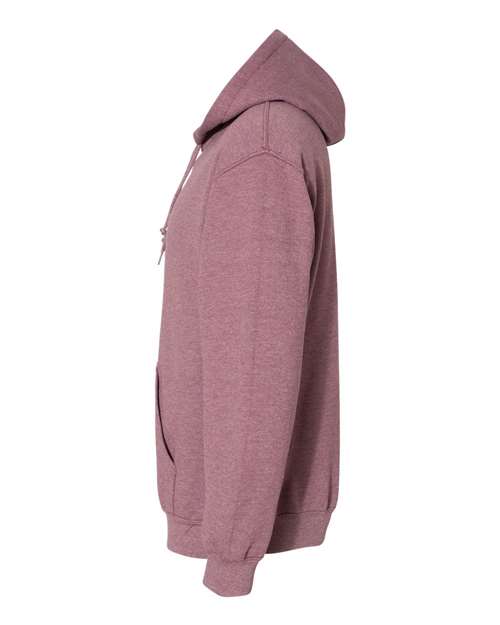 Gildan 18500 Heavy Blend pullover hoodie in Heather Dark Maroon, angled side view.
