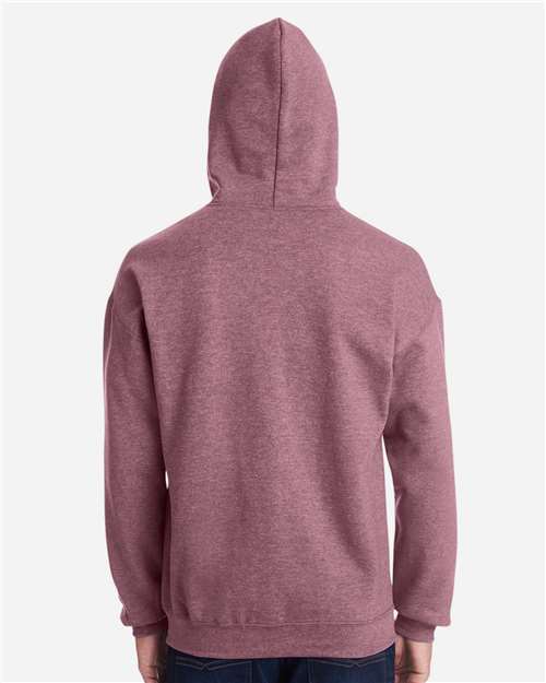 Gildan 18500 Heavy Blend pullover hoodie in Heather Dark Maroon, back on model view.