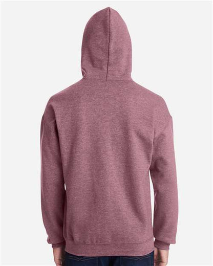 Gildan 18500 Heavy Blend pullover hoodie in Heather Dark Maroon, back on model view.