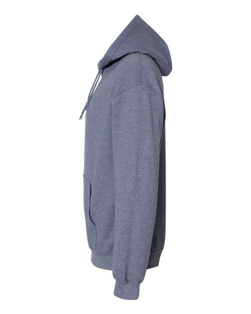 Gildan 18500 Heavy Blend pullover hoodie in Heather Dark Navy, angled side view.