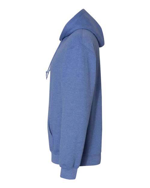Gildan 18500 Heavy Blend pullover hoodie in Heather Deep Royal, angled side view.