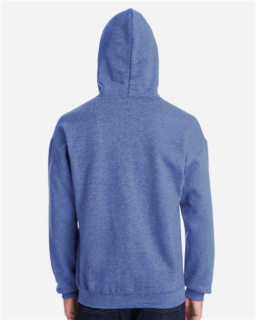Gildan 18500 Heavy Blend pullover hoodie in Heather Deep Royal, back on model view.