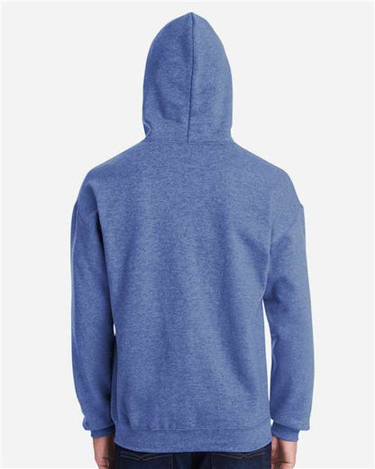 Gildan 18500 Heavy Blend pullover hoodie in Heather Deep Royal, back on model view.