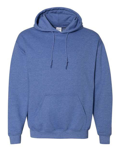 Gildan 18500 Heavy Blend pullover hoodie in Heather Deep Royal, front view.
