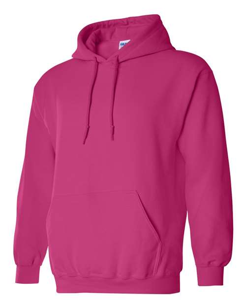 Gildan 18500 Heavy Blend pullover hoodie in Heliconia, angled front view.
