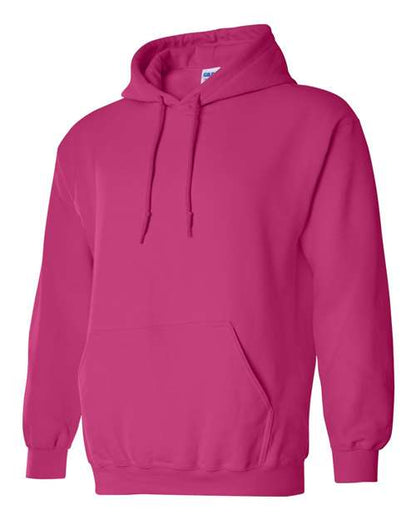 Gildan 18500 Heavy Blend pullover hoodie in Heliconia, angled front view.
