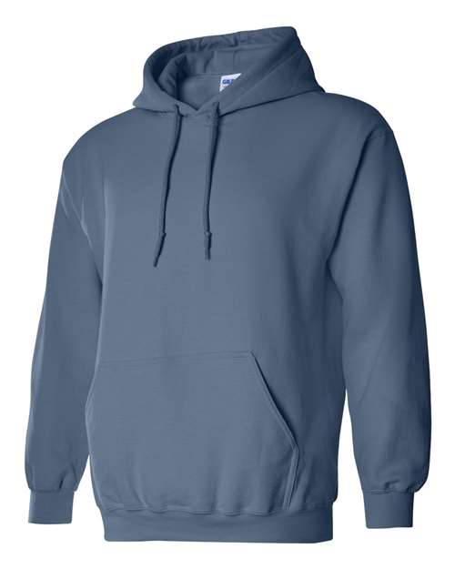 Gildan 18500 Heavy Blend pullover hoodie in Indigo Blue, angled front view.