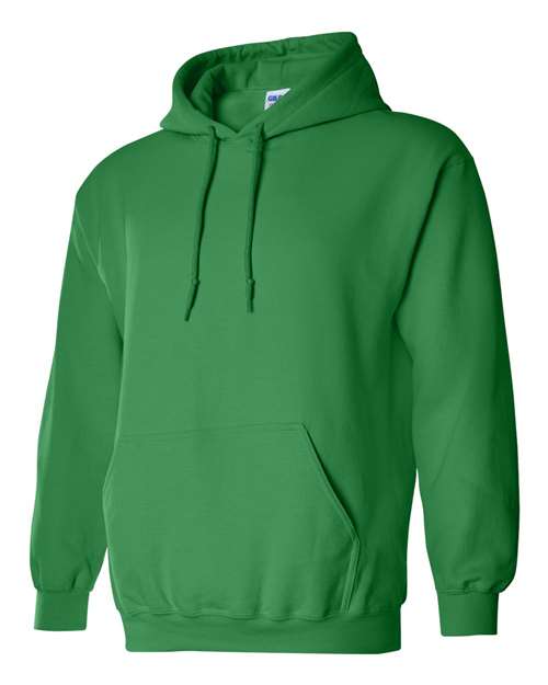 Gildan 18500 Heavy Blend pullover hoodie in Irish Green, angled front view.