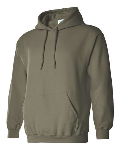Gildan 18500 Heavy Blend pullover hoodie in Military Green, angled front view.