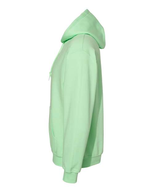 Gildan 18500 Heavy Blend pullover hoodie in Mint Green, angled side view.