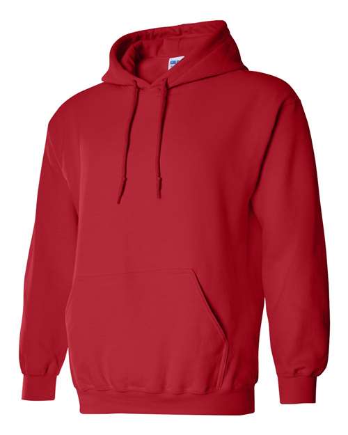 Gildan 18500 Heavy Blend pullover hoodie in Red, angled front view.