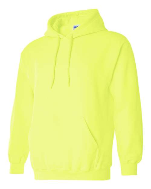 Gildan 18500 Heavy Blend pullover hoodie in Safety Green, angled front view.