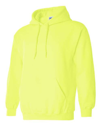 Gildan 18500 Heavy Blend pullover hoodie in Safety Green, angled front view.