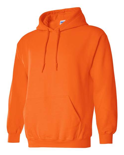 Gildan 18500 Heavy Blend pullover hoodie in Safety Orange, angled front view.