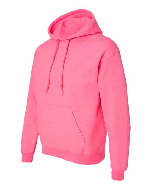 Gildan 18500 Heavy Blend pullover hoodie in Safety Pink, angled front view.