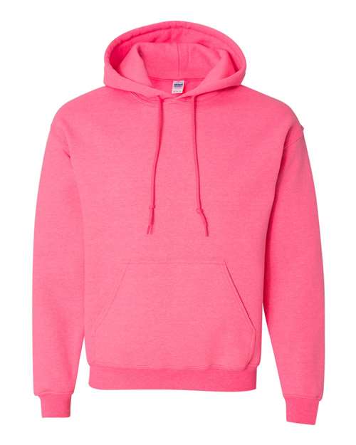 Gildan 18500 Heavy Blend pullover hoodie in Safety Pink, front view.