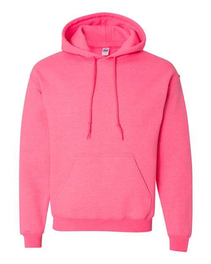 Gildan 18500 Heavy Blend pullover hoodie in Safety Pink, front view.