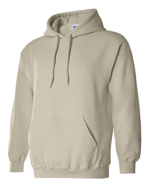 Gildan 18500 Heavy Blend pullover hoodie in Sand, angled front view.
