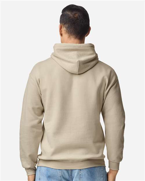 Gildan 18500 Heavy Blend pullover hoodie in Sand, back on model view.