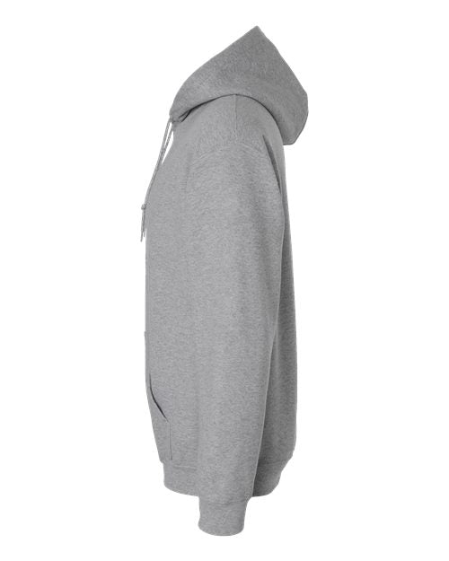 Gildan 18500 Heavy Blend pullover hoodie in Sport Grey, angled side view.